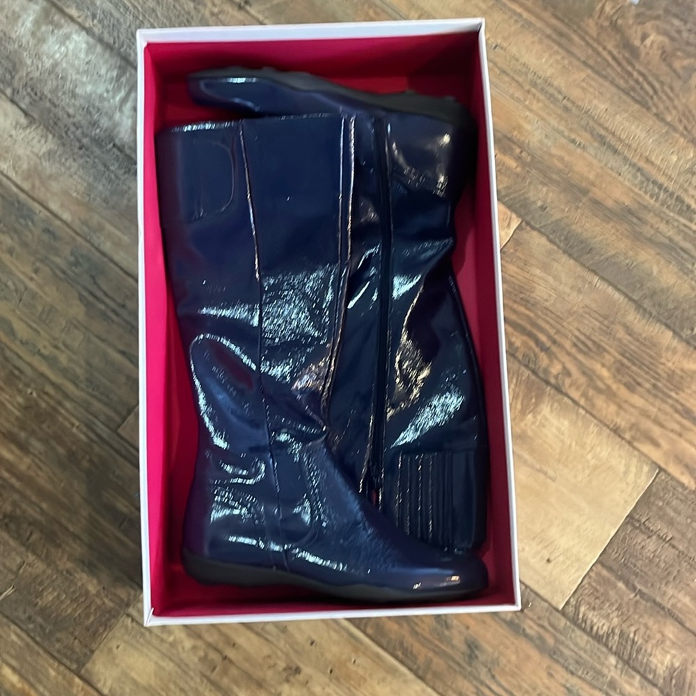 Women’s fashion boots, dark blue patent leather? Shiny.